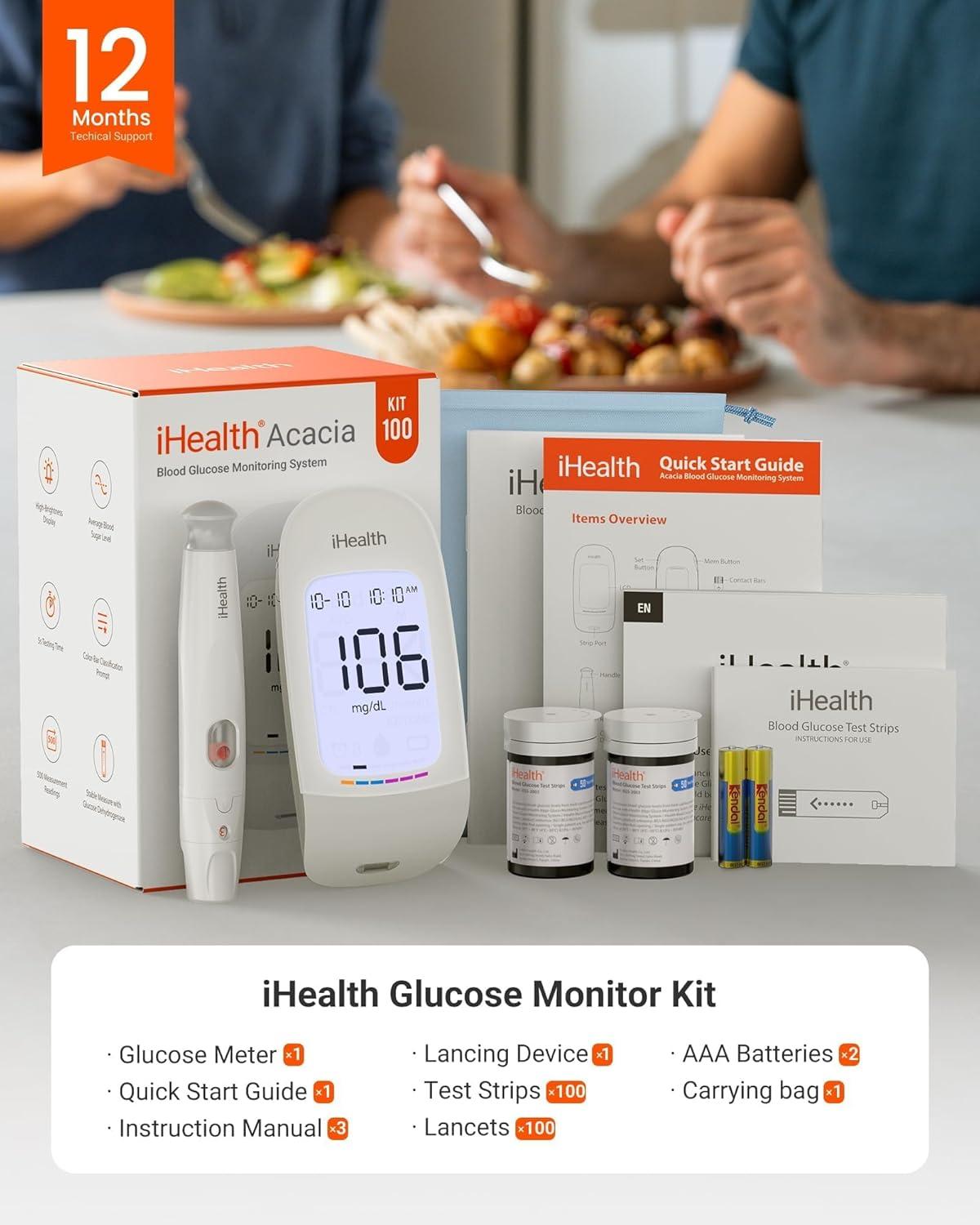 imageiHealth Acacia Blood Glucose Monitor Kit 100 Glucometer Strips 100 Lancets 1 Blood Sugar Monitor 1 Lancing Device 1 Travel Bag No Coding Portable Blood Sugar Testing Kit Diabetes Testing
