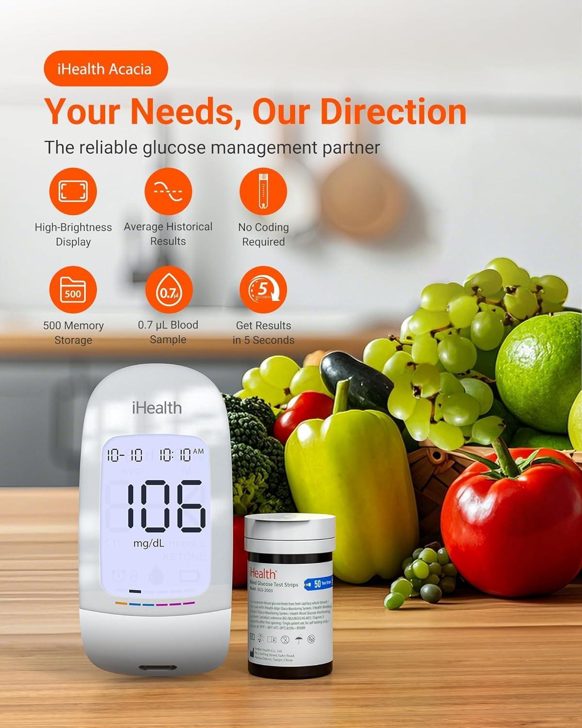imageiHealth Acacia Blood Glucose Monitor Kit 100 Glucometer Strips 100 Lancets 1 Blood Sugar Monitor 1 Lancing Device 1 Travel Bag No Coding Portable Blood Sugar Testing Kit Diabetes Testing
