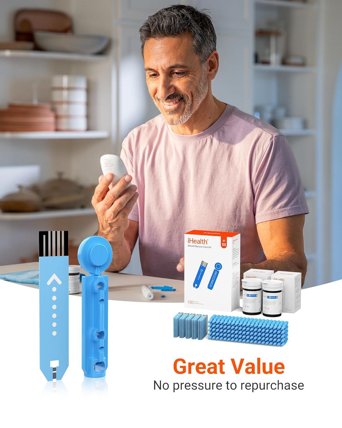 imageiHealth Acacia Blood Glucose Monitor Kit 100 Glucometer Strips 100 Lancets 1 Blood Sugar Monitor 1 Lancing Device 1 Travel Bag No Coding Portable Blood Sugar Testing Kit Diabetes Testing