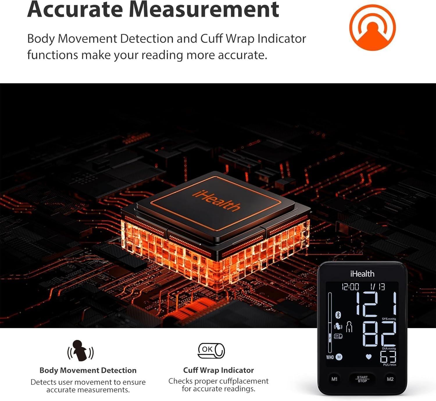 imageiHealth Accu Luminate Arm Blood Pressure Monitor  45quot Large TriColor WHOBased LCD Clinically Validated Accuracy Irregular Heartbeat Alert Bluetooth Cloud Sync Adjustable Large 86quot17quot CuffBlack