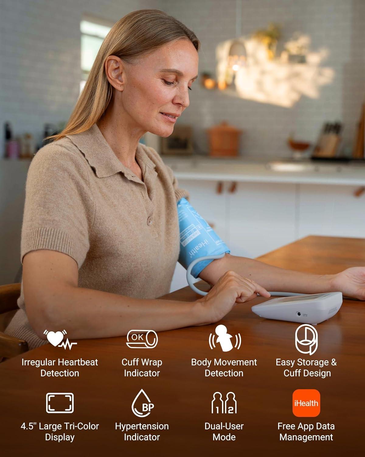 imageiHealth Accu Luminate Arm Blood Pressure Monitor  45quot Large TriColor WHOBased LCD Clinically Validated Accuracy Irregular Heartbeat Alert Bluetooth Cloud Sync Adjustable Large 86quot17quot CuffWhite