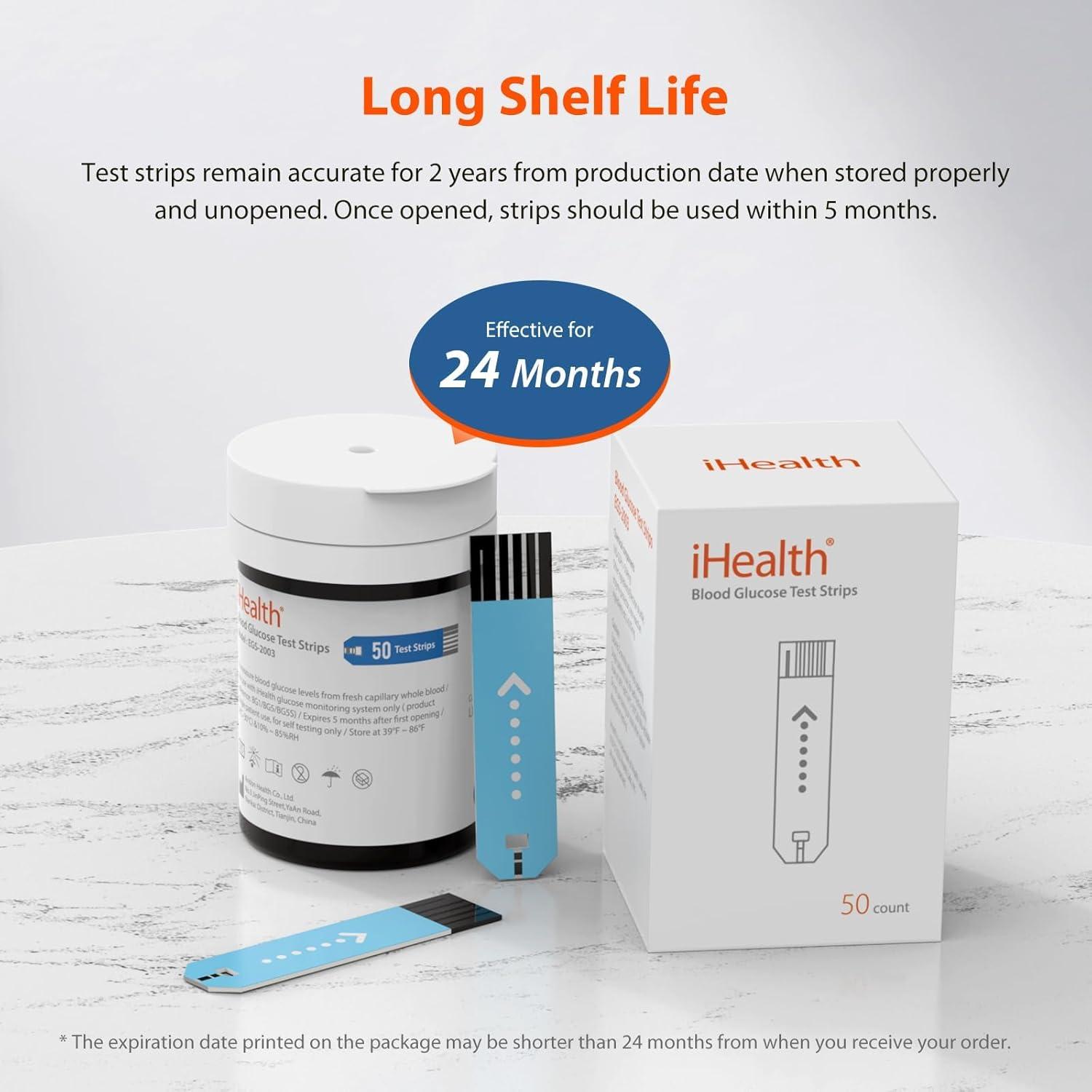 imageiHealth Blood Glucose Test Strips 50 Count No Coding Blood Sugar Test Eligible for FSA Reimbursement Precision Sugar Measurement for Diabetics Strips Work Only in iHealth Glucose Meters100 Refills
