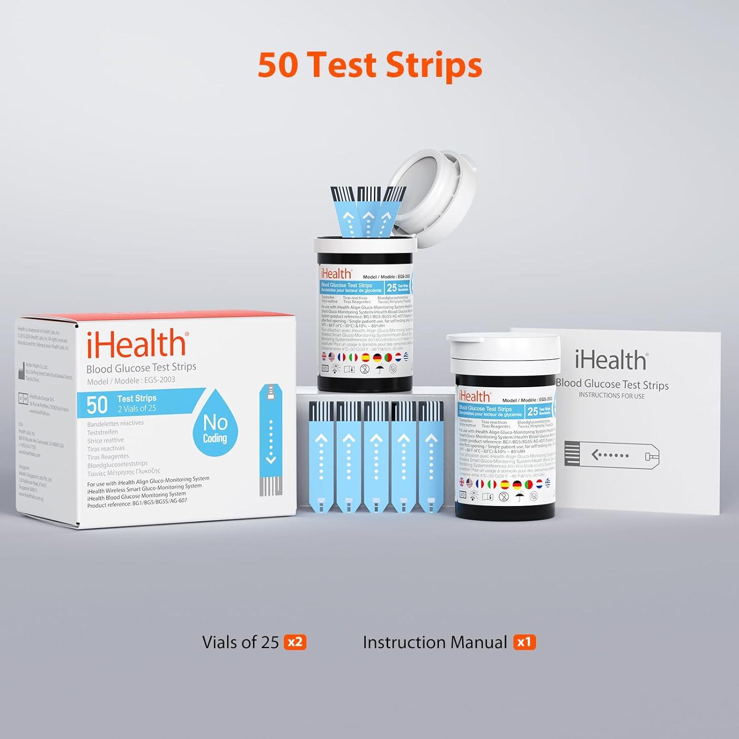 imageiHealth Blood Glucose Test Strips 50 Count No Coding Blood Sugar Test Eligible for FSA Reimbursement Precision Sugar Measurement for Diabetics Strips Work Only in iHealth Glucose MetersMulticolor