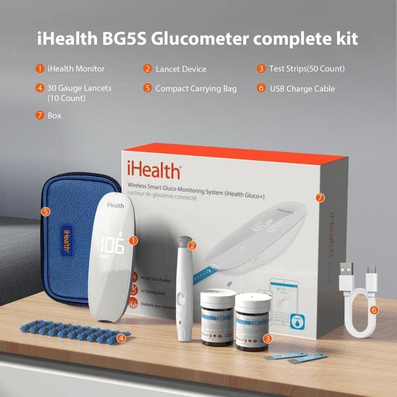 imageiHealth Gluco Plus Blood Sugar Monitor Kit Smart Bluetooth Glucose Meter Glucometer iHealth Glucose Test Strips 50 Count 1 Lancing Device 10 Count 30 Gauge Lancets and 1 Carrying Case No Coding