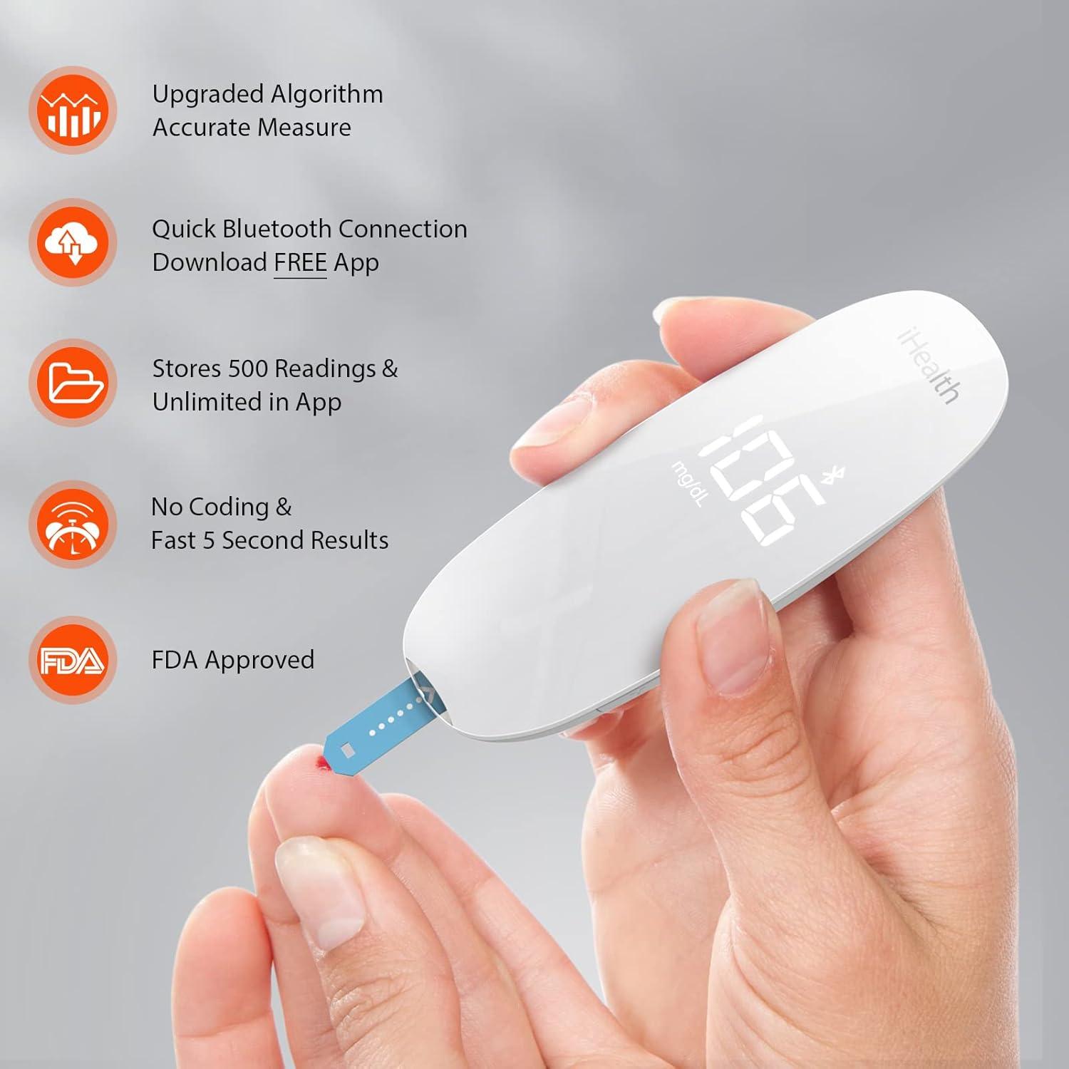 imageiHealth Gluco Plus Blood Sugar Monitor Kit Smart Bluetooth Glucose Meter Glucometer iHealth Glucose Test Strips 50 Count 1 Lancing Device 10 Count 30 Gauge Lancets and 1 Carrying Case No Coding