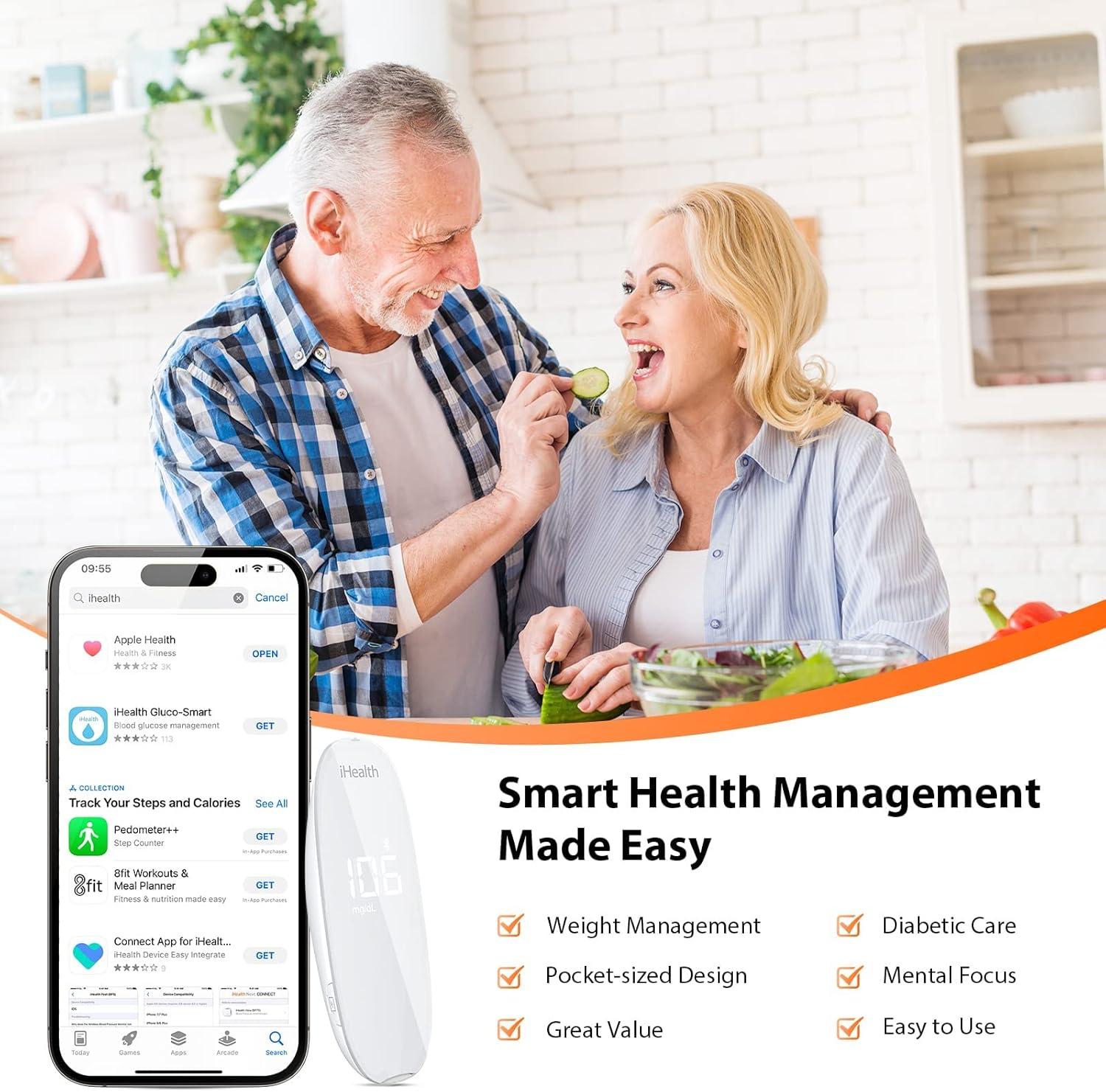 imageiHealth Gluco Plus Blood Sugar Monitor Kit Smart Bluetooth Glucose Meter Glucometer iHealth Glucose Test Strips 50 Count 1 Lancing Device 10 Count 30 Gauge Lancets and 1 Carrying Case No Coding