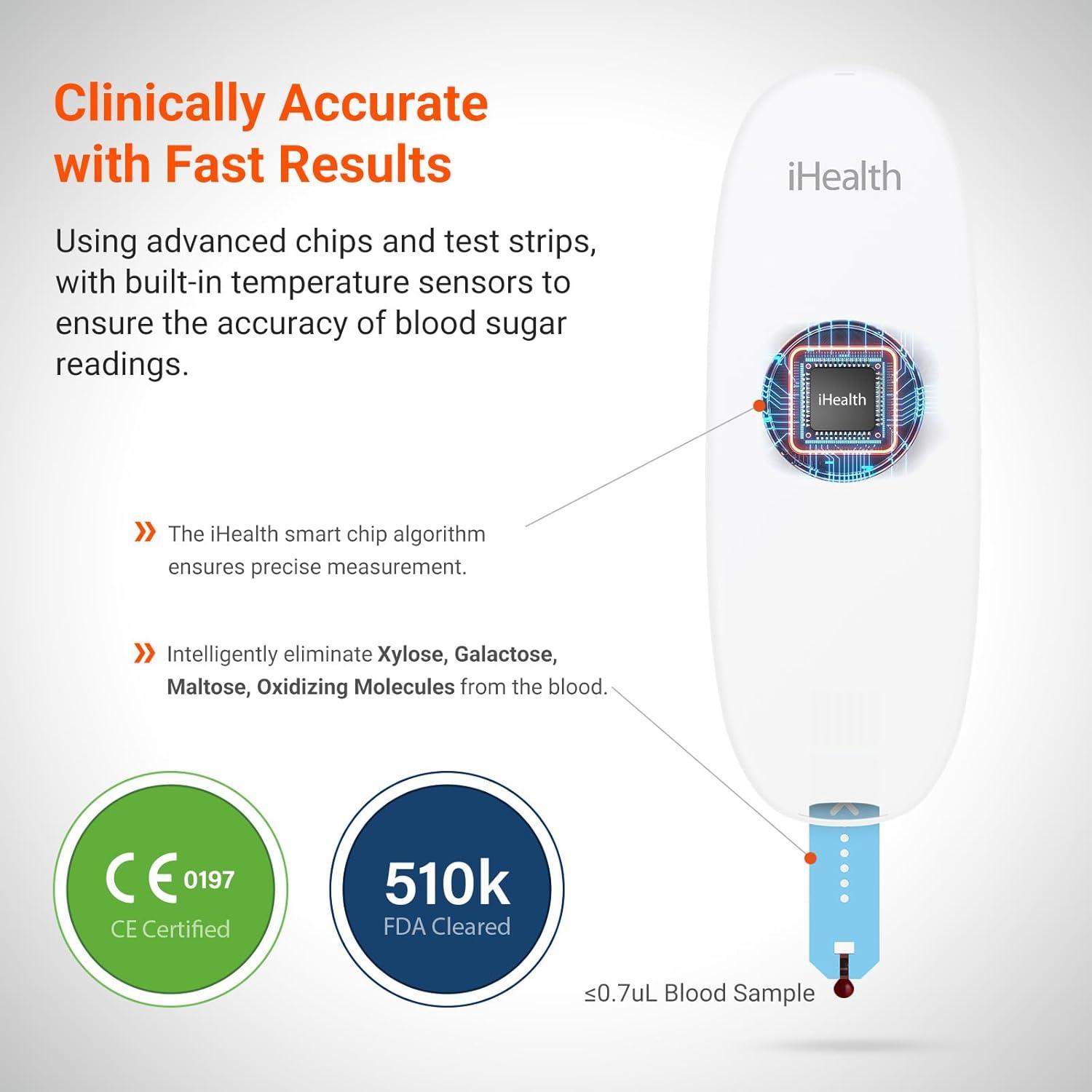 imageiHealth Gluco Wireless Smart Blood Glucose Monitor Kit with Free App 100 Glucometer Strips 100 Lancets 1 Blood Sugar Monitor 1 Lancing Device Portable Diabetes Testing Kit for Home UseBG5S100