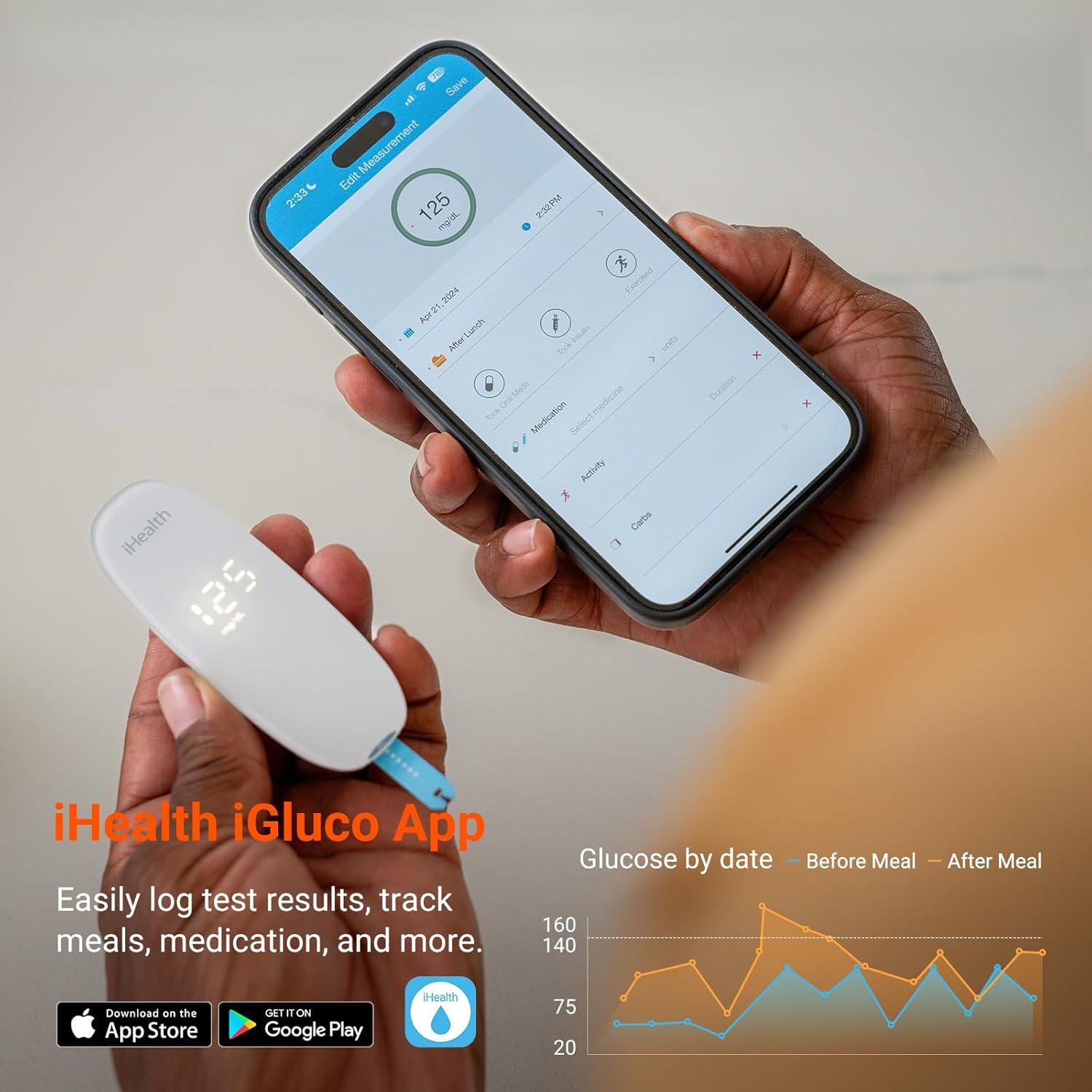imageiHealth Gluco Wireless Smart Blood Glucose Monitor Kit with Free App 100 Glucometer Strips 100 Lancets 1 Blood Sugar Monitor 1 Lancing Device Portable Diabetes Testing Kit for Home UseBG5S100