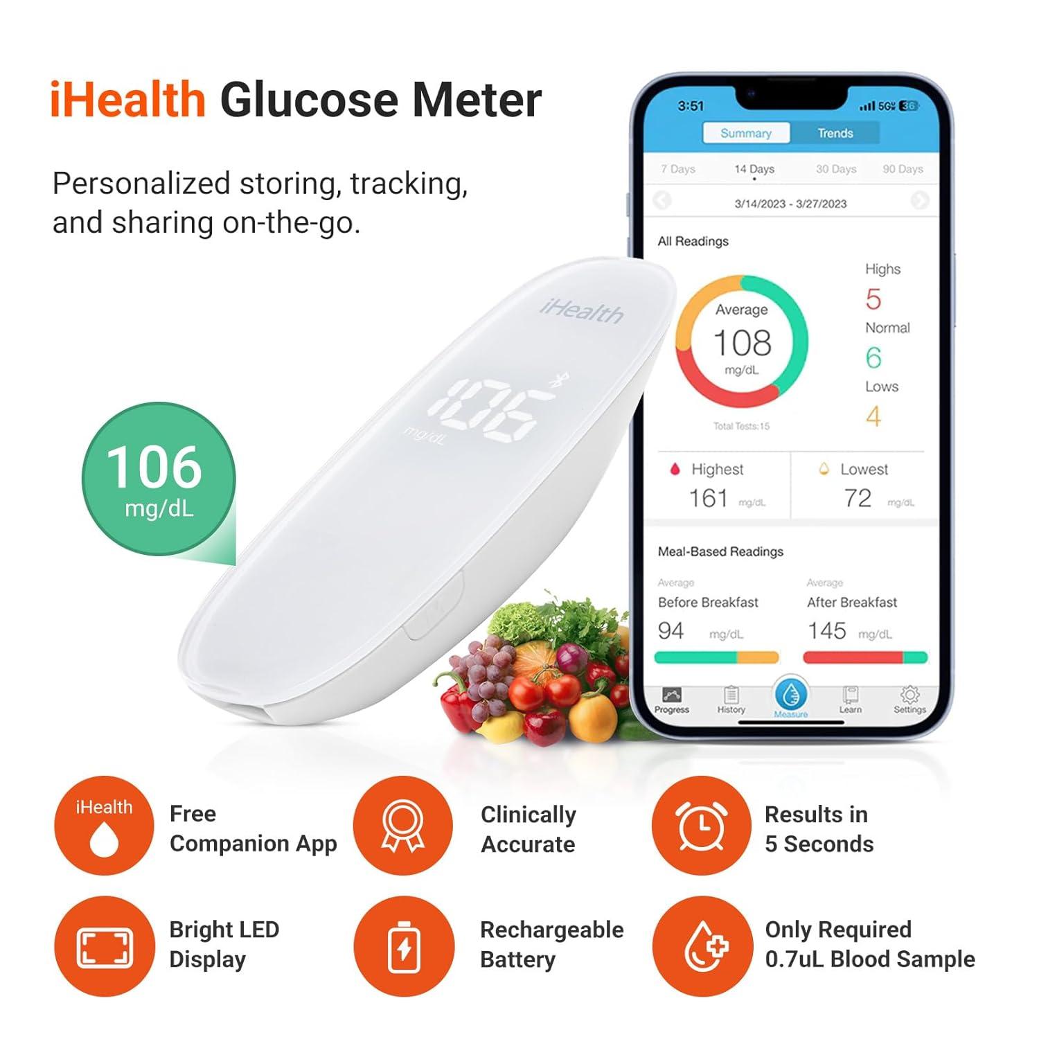 imageiHealth Gluco Wireless Smart Blood Glucose Monitor Kit with Free App 100 Glucometer Strips 100 Lancets 1 Blood Sugar Monitor 1 Lancing Device Portable Diabetes Testing Kit for Home UseBG5S100