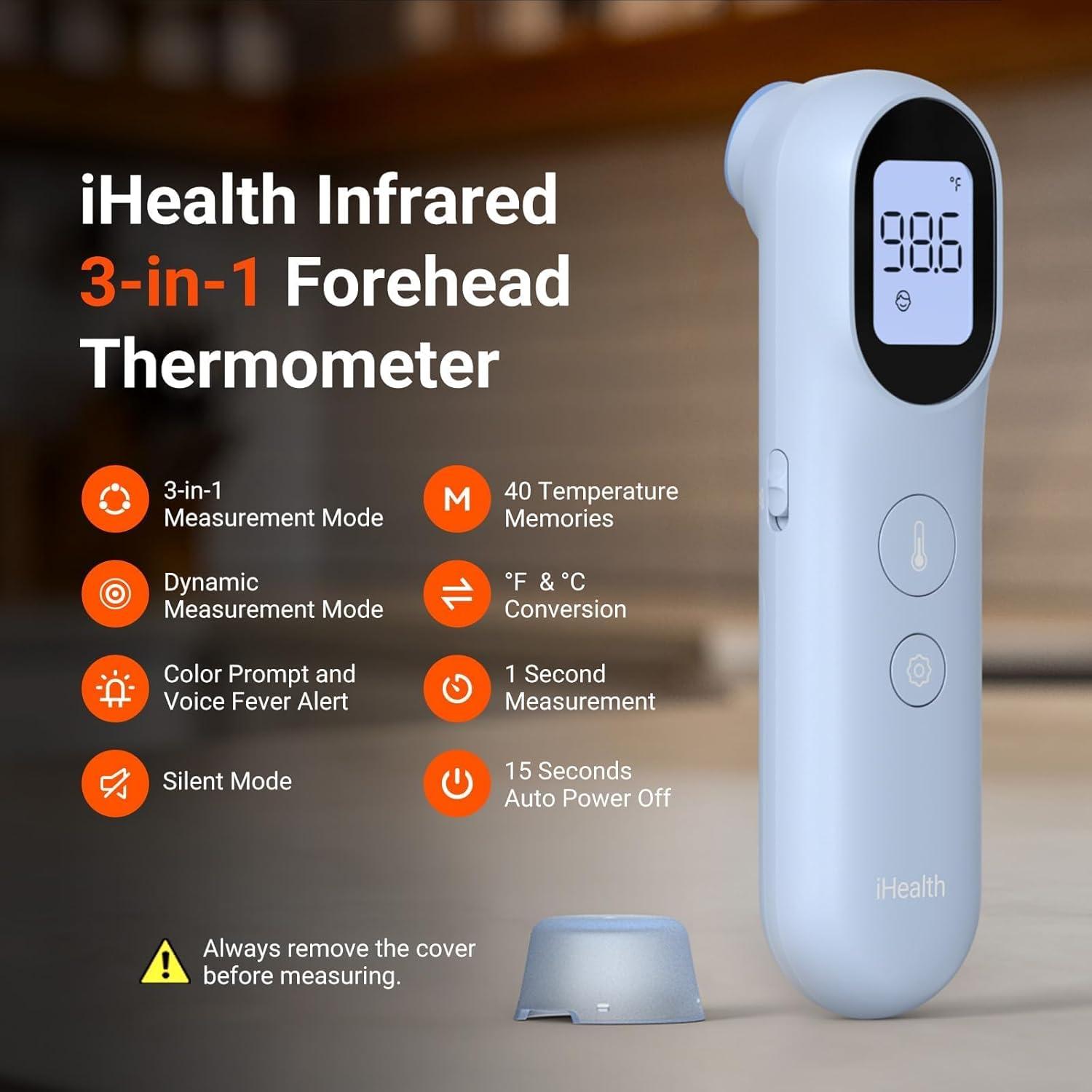 imageiHealth Infrared Digital Thermometer for Adults and Kids Baby Thermometer with 3in1 Mode ampamp 3Color Prompt Fever Alarm ampamp Silent Mode Forehead ampamp Object Detection 40 Memory Storages PT9L BlueBlue