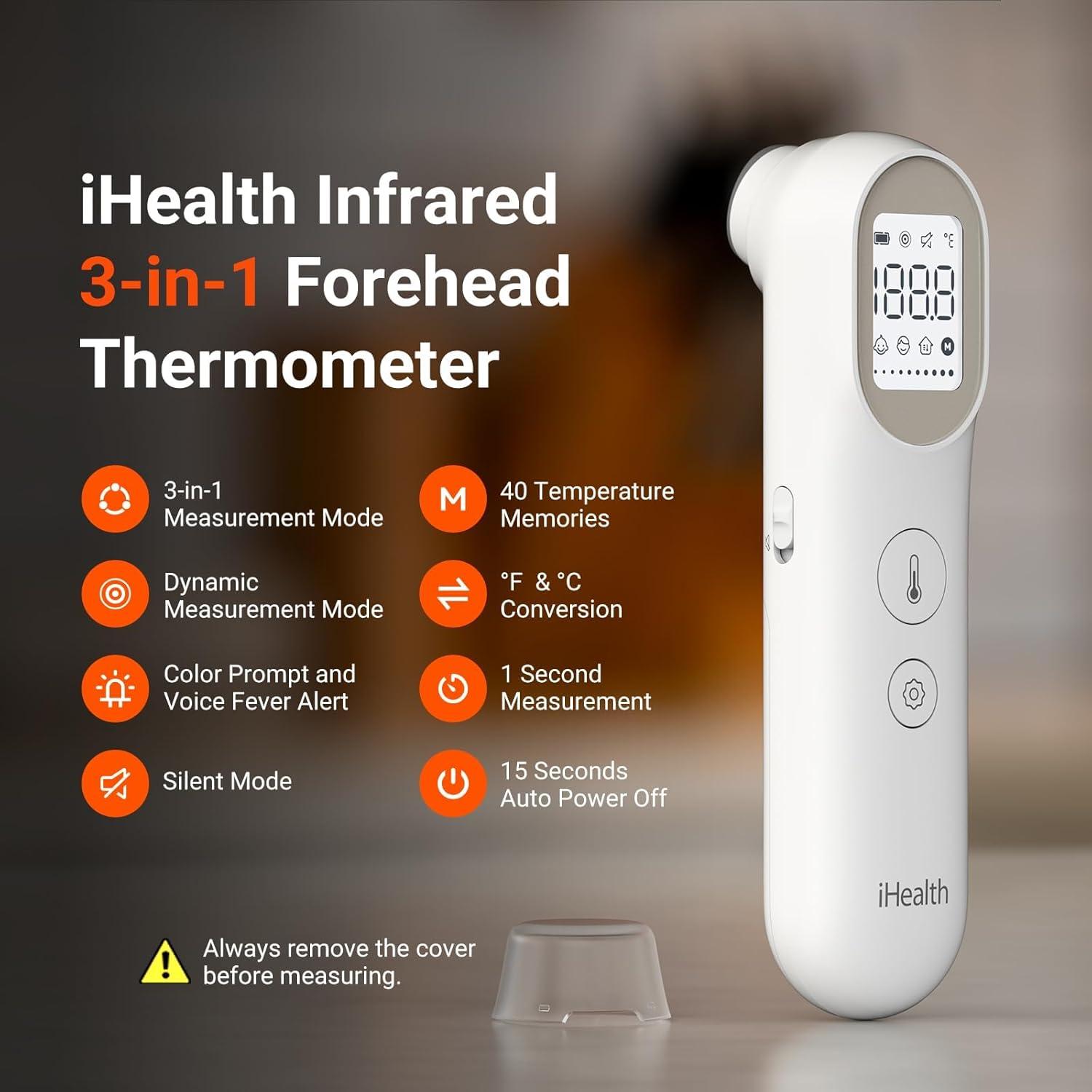 imageiHealth Infrared Digital Thermometer for Adults and Kids Baby Thermometer with 3in1 Mode ampamp 3Color Prompt Fever Alarm ampamp Silent Mode Forehead ampamp Object Detection 40 Memory Storages PT9L BlueWhite