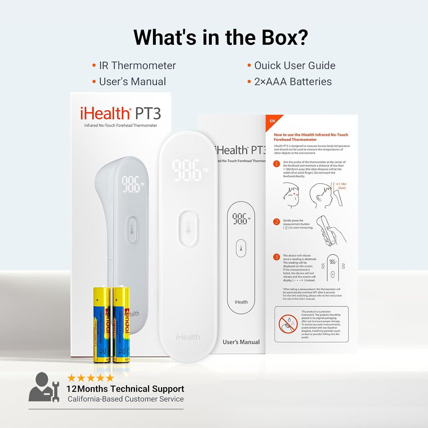 imageiHealth NoTouch Forehead Thermometer for Adults Kids Babies  1s Fast Accurate 3 UltraSensitive Sensors Quiet Vibration Feedback Digital Large LED Digits Easy to Use for Home ampamp Nurses PT3