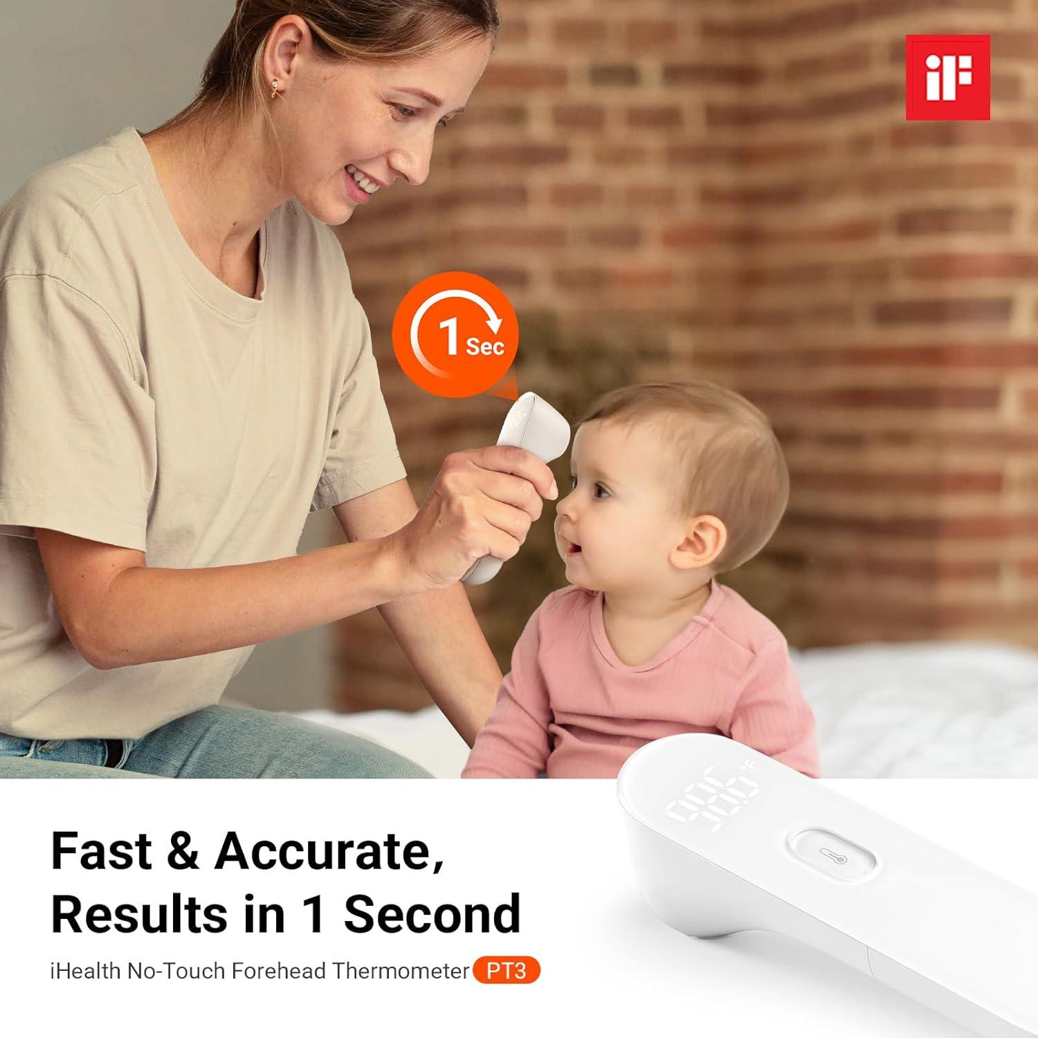 imageiHealth NoTouch Forehead Thermometer for Adults Kids Babies  1s Fast Accurate 3 UltraSensitive Sensors Quiet Vibration Feedback Digital Large LED Digits Easy to Use for Home ampamp Nurses PT3