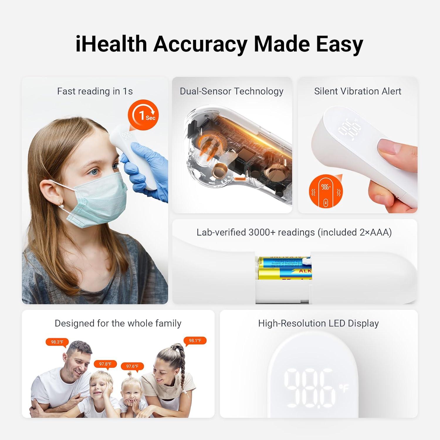 imageiHealth NoTouch Forehead Thermometer for Adults Kids Babies  1s Fast Accurate 3 UltraSensitive Sensors Quiet Vibration Feedback Digital Large LED Digits Easy to Use for Home ampamp Nurses PT3