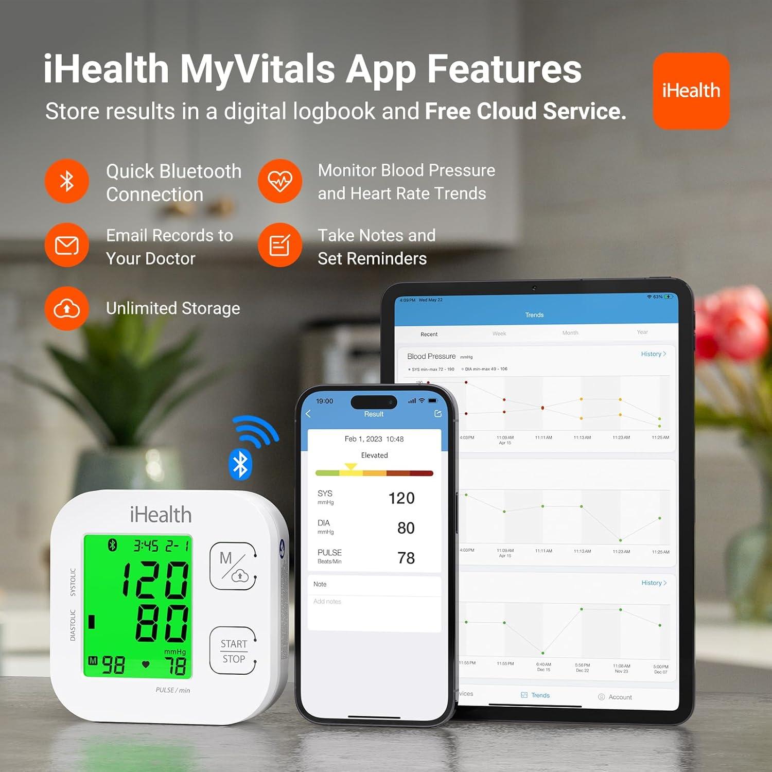 imageiHealth Track Smart Upper Arm Blood Pressure Monitor with Wide Range Cuff That fits Standard to Large Adult Arms Bluetooth Compatible for iOS ampamp Android Devices