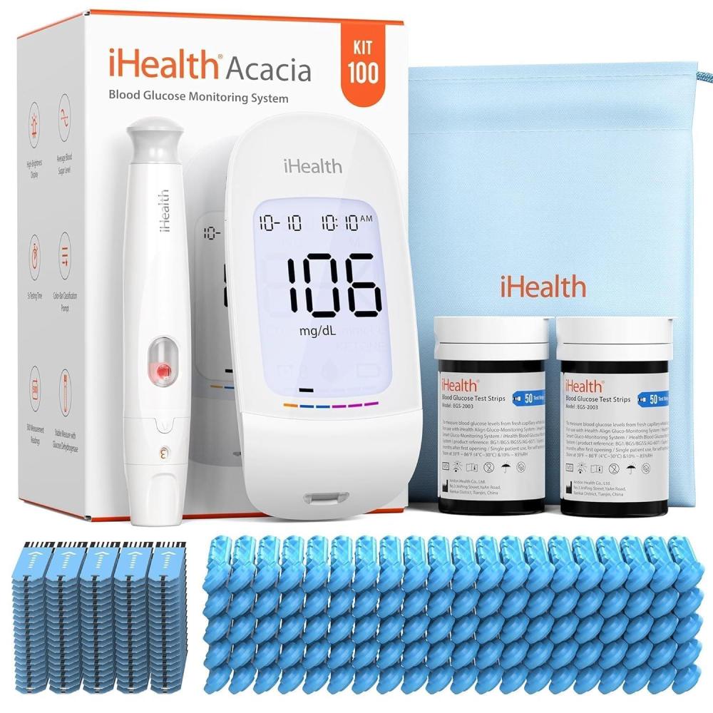 imageiHealth Acacia Blood Glucose Monitor Kit 100 Glucometer Strips 100 Lancets 1 Blood Sugar Monitor 1 Lancing Device 1 Travel Bag No Coding Portable Blood Sugar Testing Kit Diabetes Testing