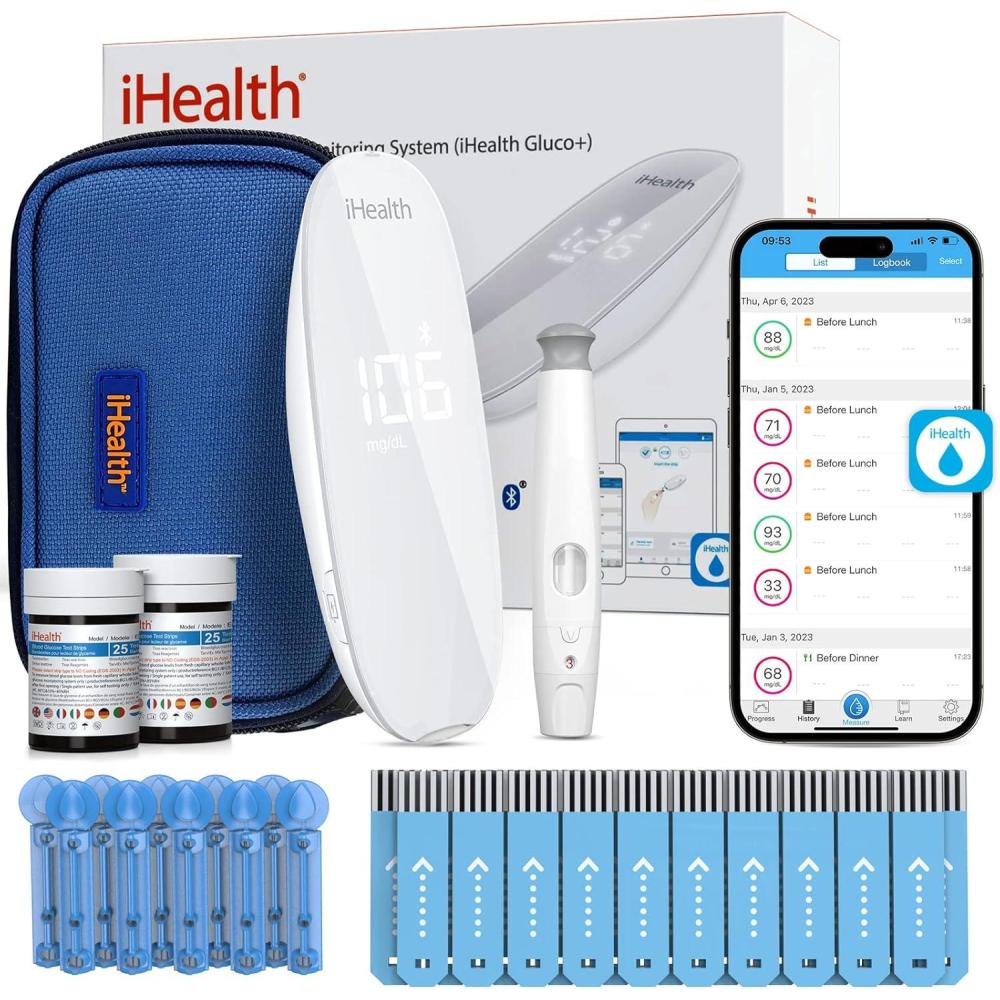 imageiHealth Gluco Plus Blood Sugar Monitor Kit Smart Bluetooth Glucose Meter Glucometer iHealth Glucose Test Strips 50 Count 1 Lancing Device 10 Count 30 Gauge Lancets and 1 Carrying Case No Coding