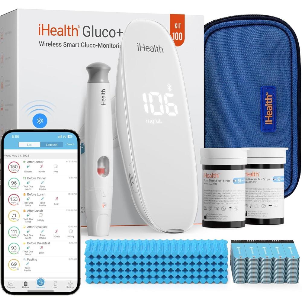 imageiHealth Gluco Wireless Smart Blood Glucose Monitor Kit with Free App 100 Glucometer Strips 100 Lancets 1 Blood Sugar Monitor 1 Lancing Device Portable Diabetes Testing Kit for Home UseBG5S100