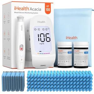 imageiHealth Acacia Blood Glucose Monitor Kit 100 Glucometer Strips 100 Lancets 1 Blood Sugar Monitor 1 Lancing Device 1 Travel Bag No Coding Portable Blood Sugar Testing Kit Diabetes Testing