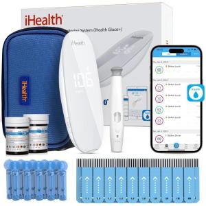 imageiHealth Gluco Plus Blood Sugar Monitor Kit Smart Bluetooth Glucose Meter Glucometer iHealth Glucose Test Strips 50 Count 1 Lancing Device 10 Count 30 Gauge Lancets and 1 Carrying Case No Coding