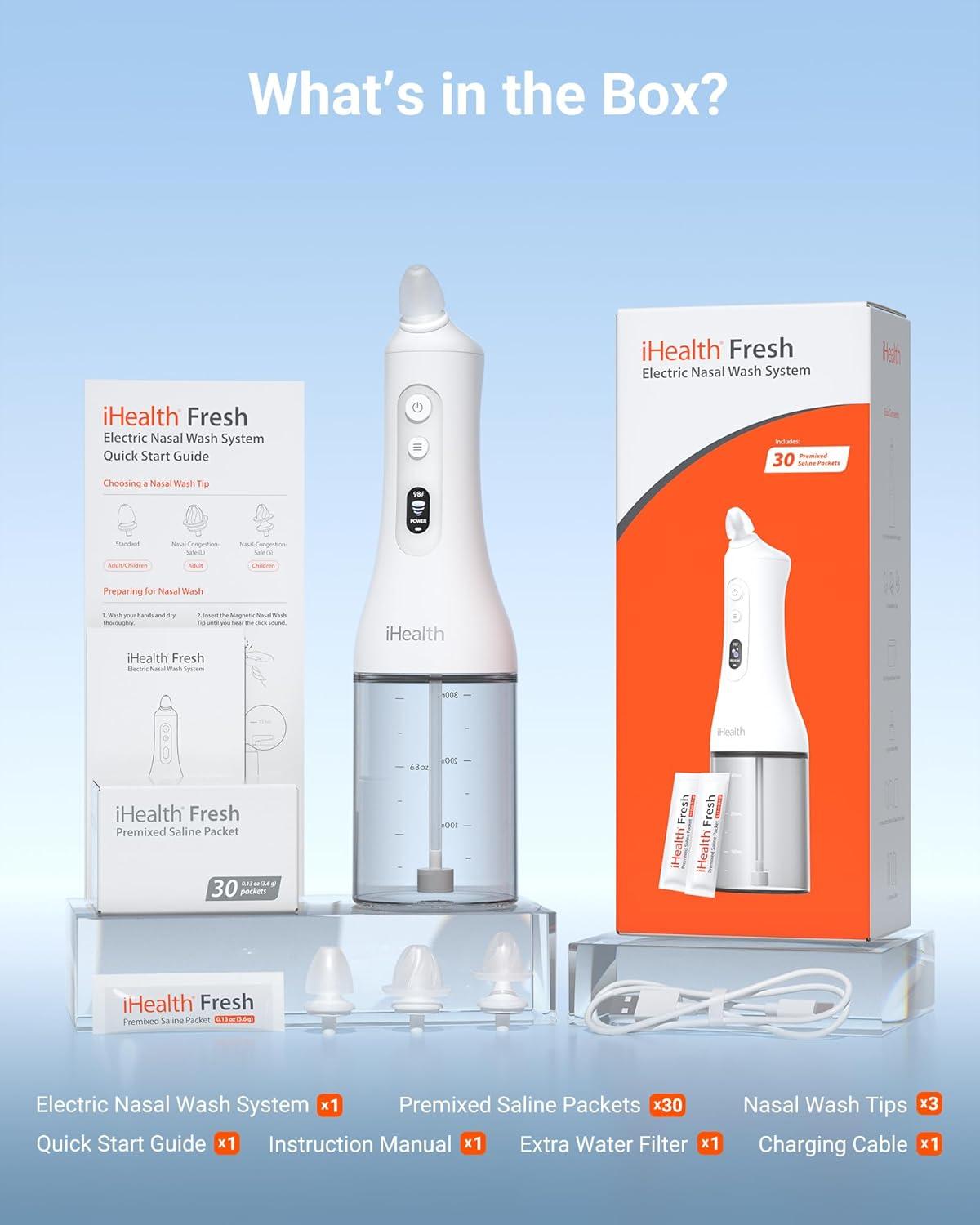 imageiHealth Electric Nasal Irrigation System for Adults ampamp Kids  Gentle Sinus Rinse for Rhinitis ampamp Sinusitis Relief 400ml EasyClean Large Tank Water Temperature Measurement 30 Premixed Saline Packets30 PCS