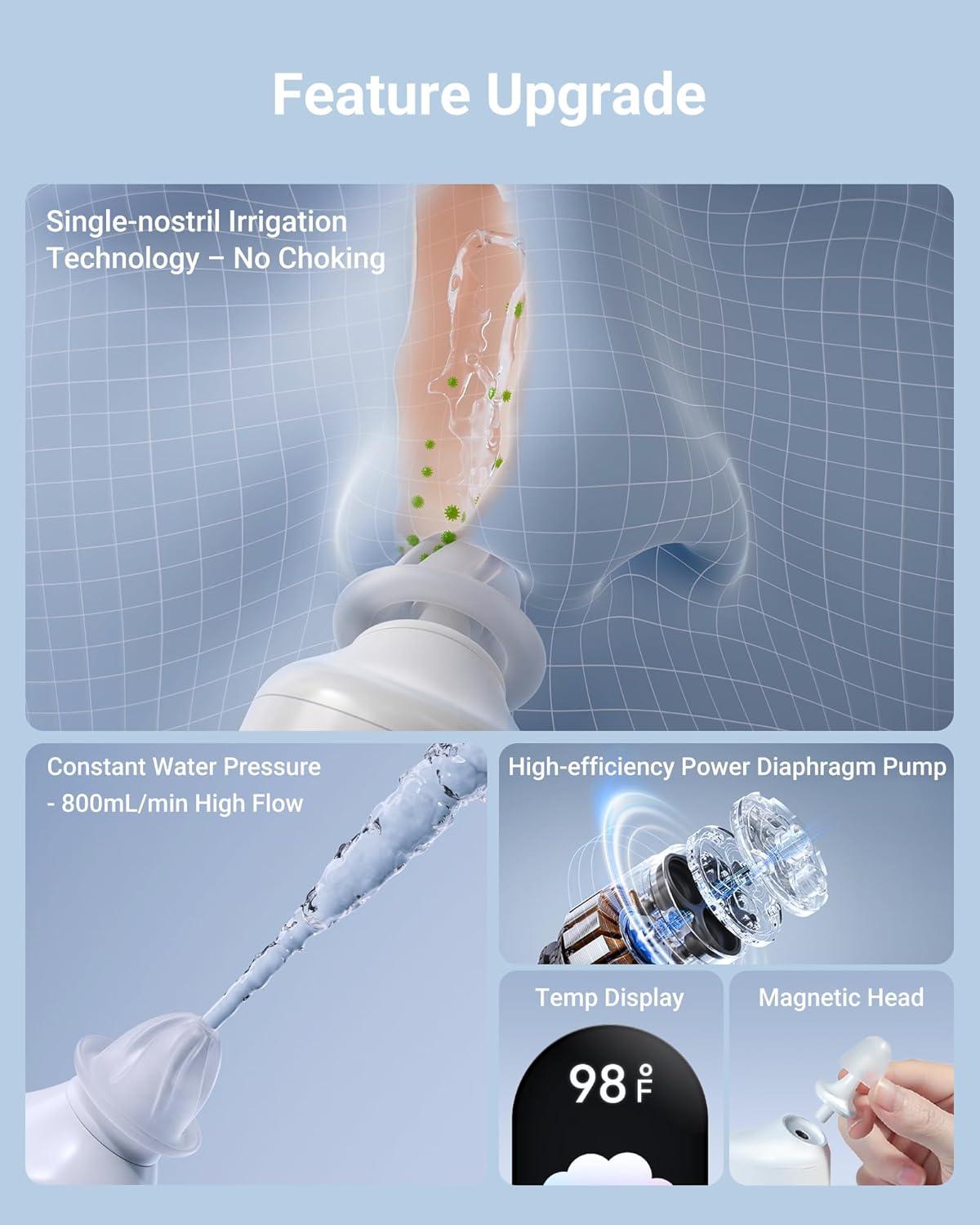 imageiHealth Electric Nasal Irrigation System for Adults ampamp Kids  Gentle Sinus Rinse for Rhinitis ampamp Sinusitis Relief 400ml EasyClean Large Tank Water Temperature Measurement 30 Premixed Saline Packets30 PCS