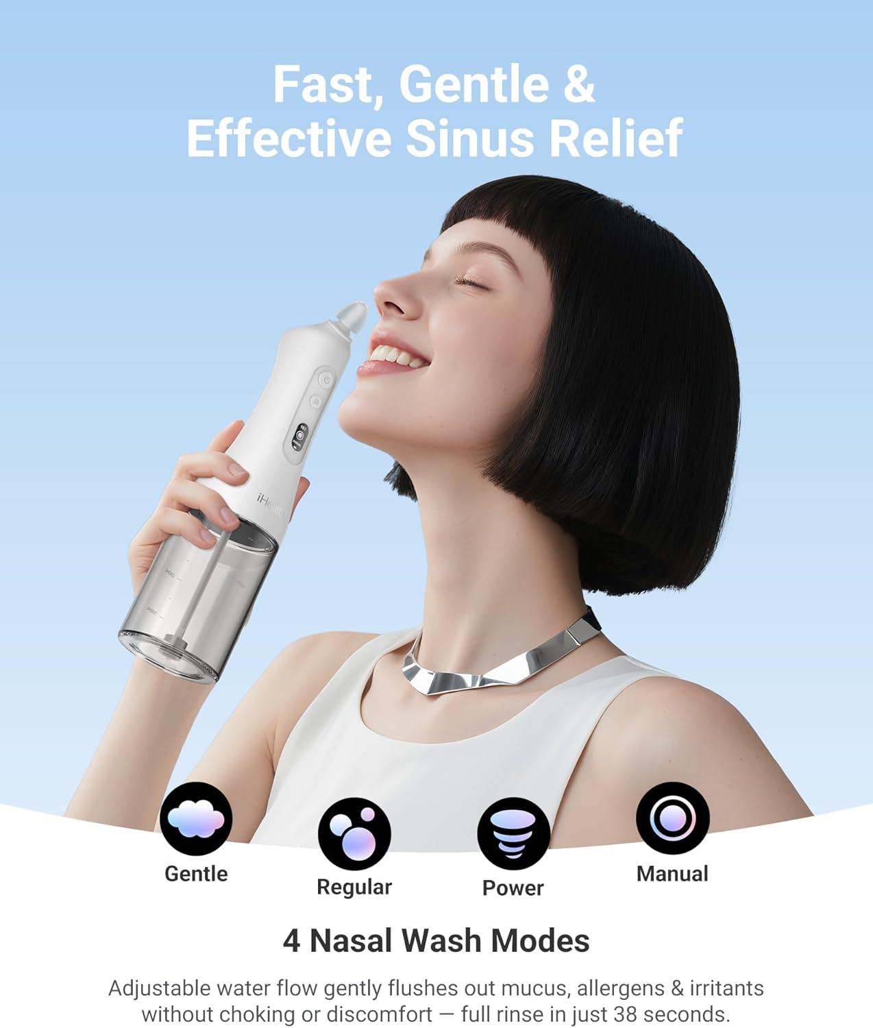 imageiHealth Electric Nasal Irrigation System for Adults ampamp Kids  Gentle Sinus Rinse for Rhinitis ampamp Sinusitis Relief 400ml EasyClean Large Tank Water Temperature Measurement 30 Premixed Saline Packets30 PCS